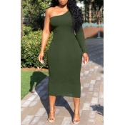 Lovely Trendy One Shoulder Green Mid Calf Dress