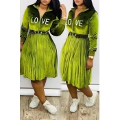 Lovely Sweet Ruffle Design Green Mid Calf Dress