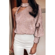 Lovely Casual One Shoulder Rose Gold Blouse