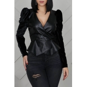 Lovely Casual V Neck Ruffle Design Black Blouse