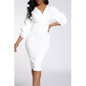 Lovely Work V Neck Skinny White Knee Length OL Dre