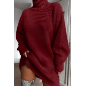 Lovely Casual Turtleneck Wine Red Mini Dress