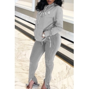 Lovely Casual Letter Zipper Design Grey Two-piece 