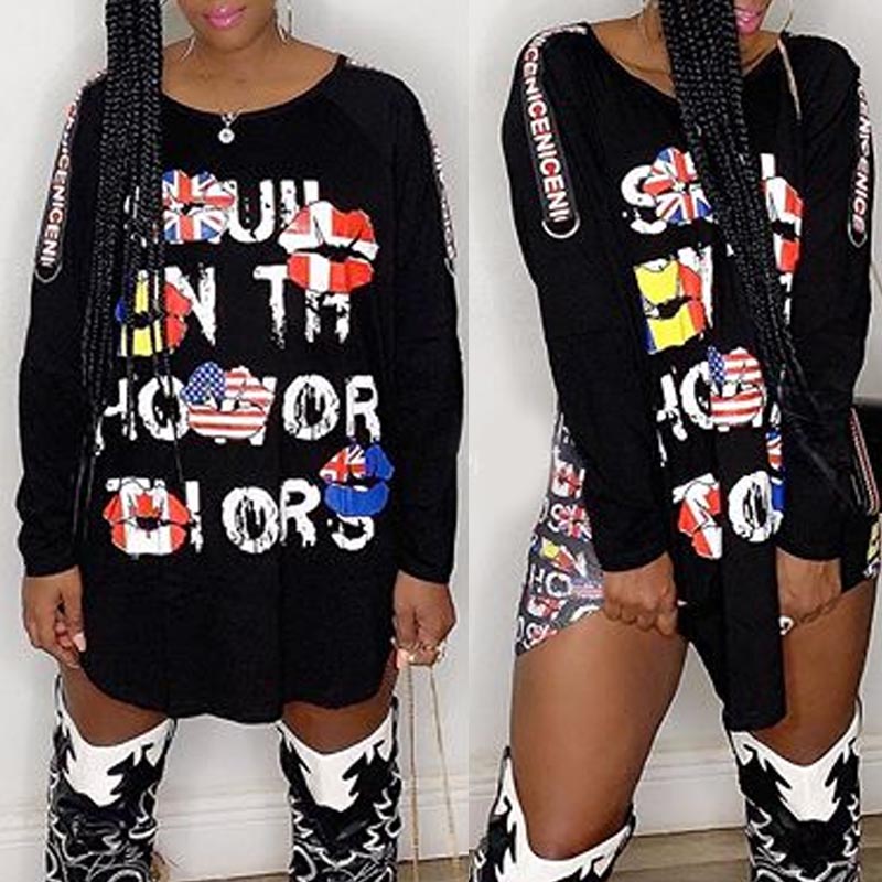 

Lovely Casual Letter Print Black Mini Dress