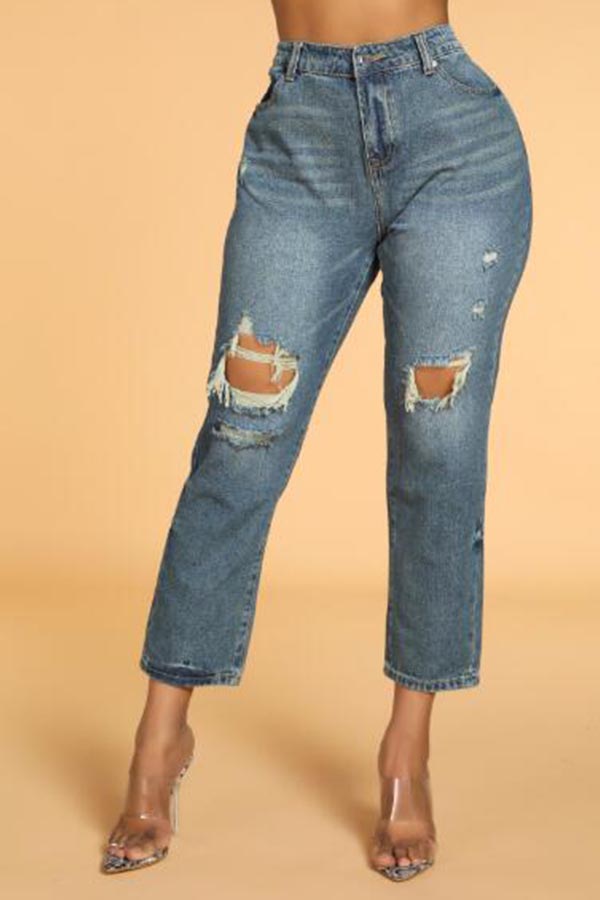 

Lovely Leisure Broken Holes Blue Jeans