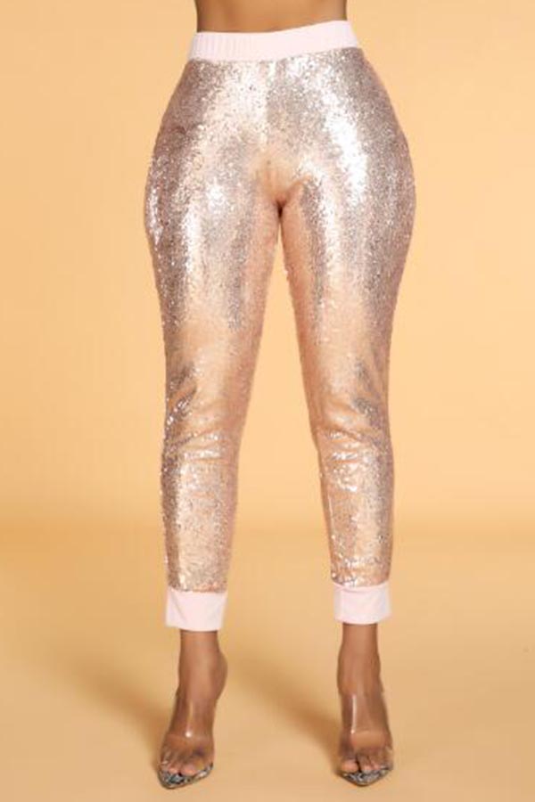 Lovely Chic Sequin Patchwork Rose Gold Pants