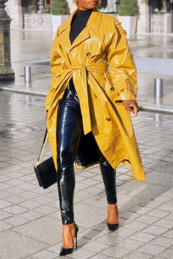 

Lovely Casual Buttons Design Yellow Coat