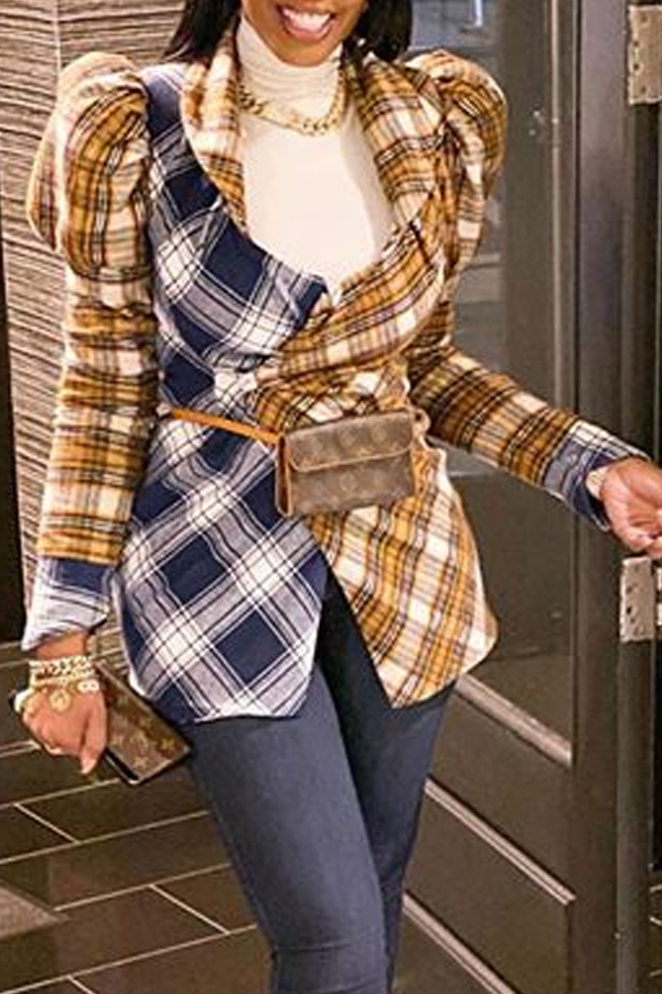 

Lovely Casual Plaid Patchwork Yellow Blazer