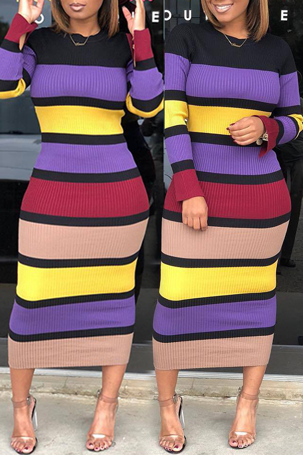 

Lovely Casual Striped Purple Mid Calf Dress