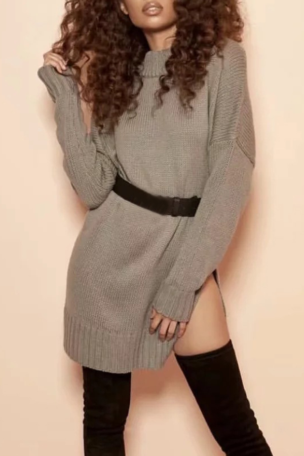 

Lovely Casual Side Slit Khaki Mini Dress(Without Belt