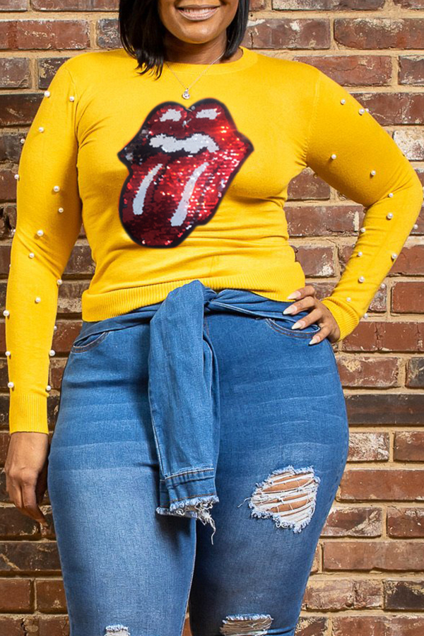 

Lovely Casual Lip Print Yellow Plus Size T-shirt