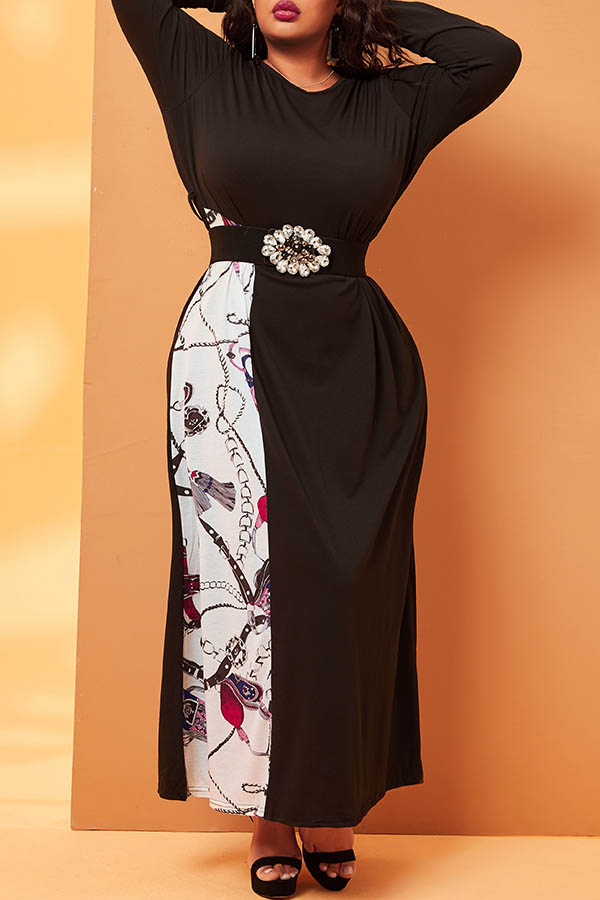 Lovely Casual Patchwork Black Ankle Length Plus Size Dress