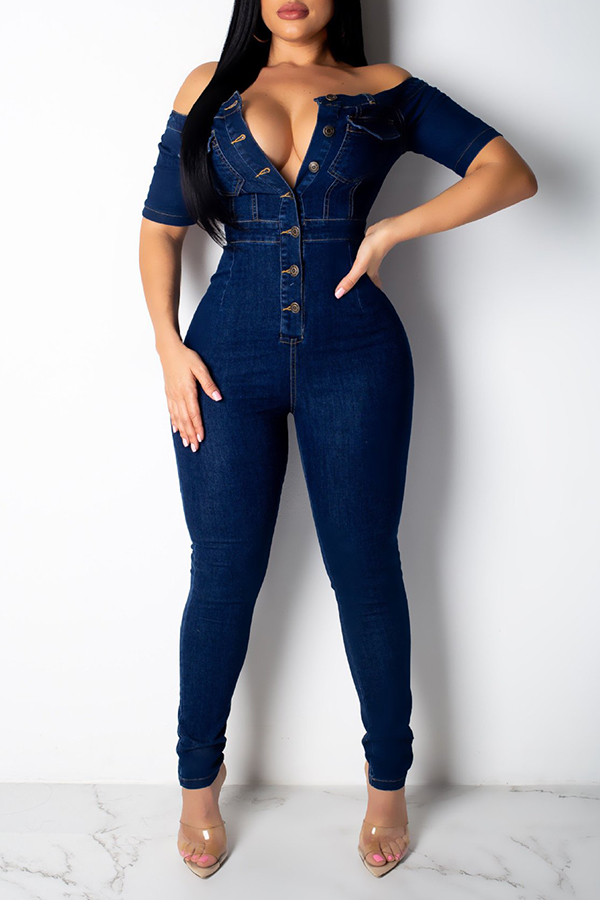 

Lovely Casual Buttons Blue One-piece Jumpsuit