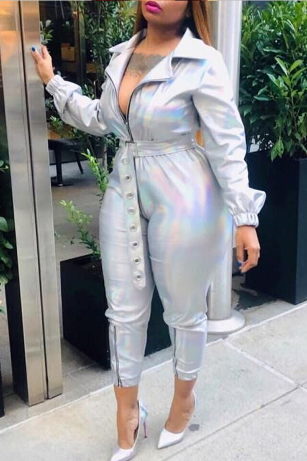 

Lovely Chic Skinny Silver One-piece Jumpsuit(With Belt