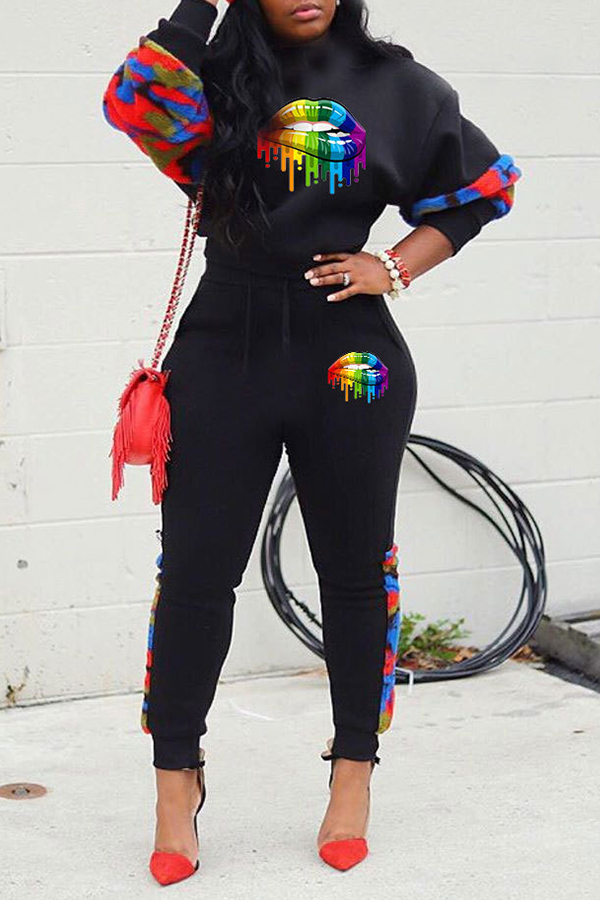 

Lovely Casual Lip Print Black Two-piece Pants Set