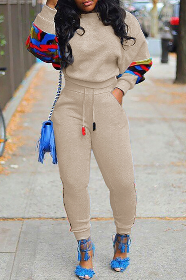 

Lovely Casual Patchwork Apricot Two-piece Pants Set