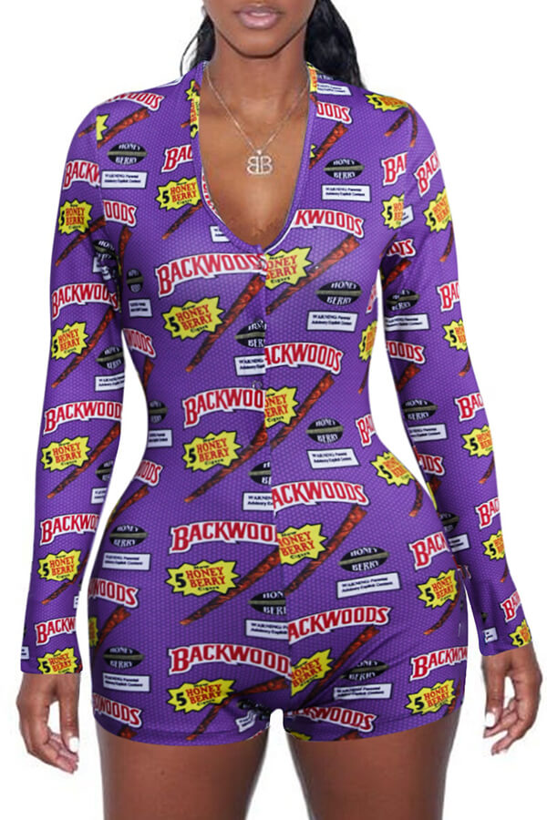 Lovely Casual Print Purple One-piece Romper