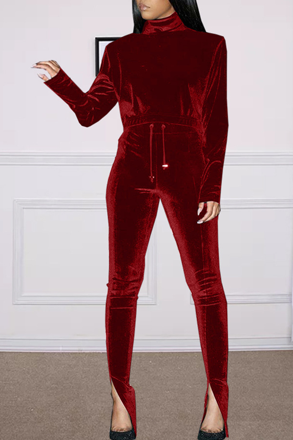 

Lovely Casual Turtleneck Basic Wine Red Two-piece Pants Set