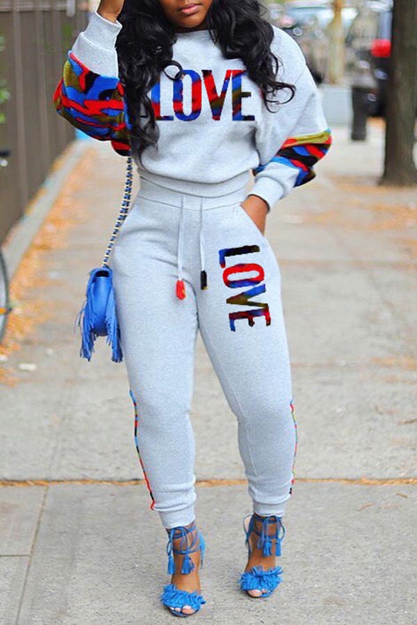 

Lovely Casual Letter Grey Two-piece Pants Set