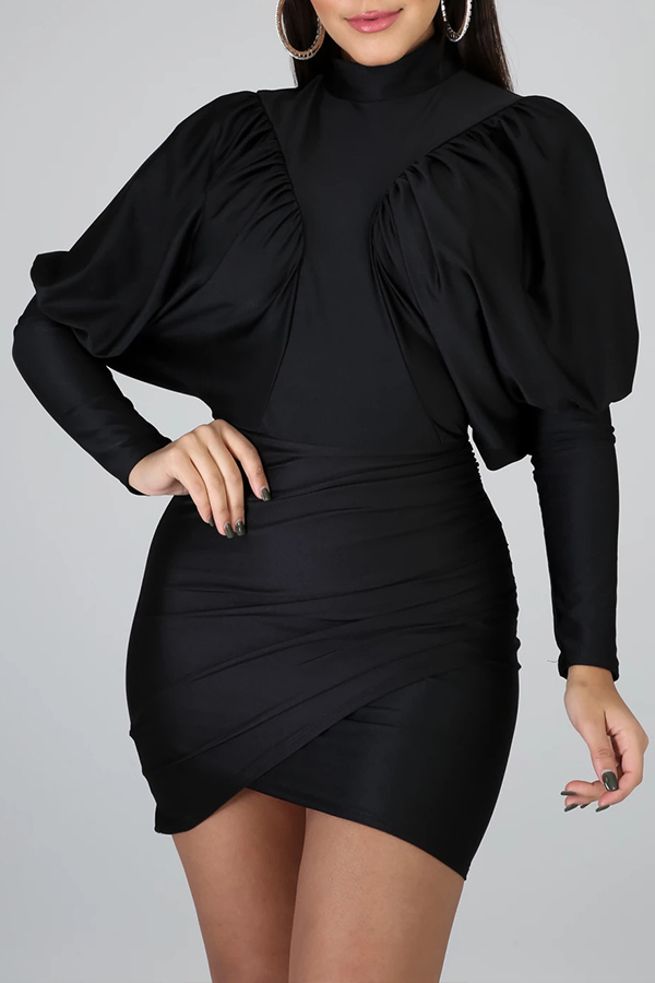 

Lovely Chic O Neck Ruffle Design Black Mini Dress
