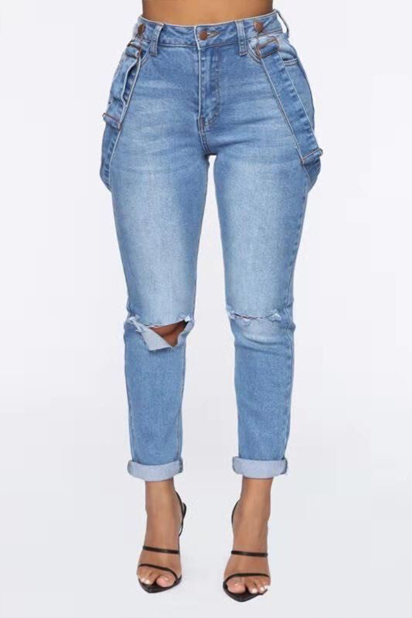 

Lovely Casual Hollow-out Baby Blue Jeans