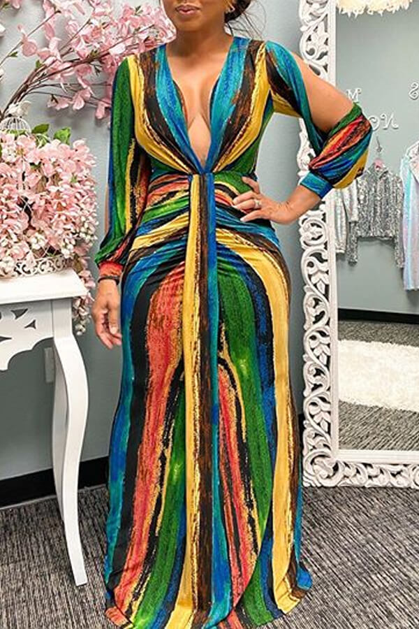 

Lovely Chic V Neck Striped Multicolor Maxi Dress, Multi