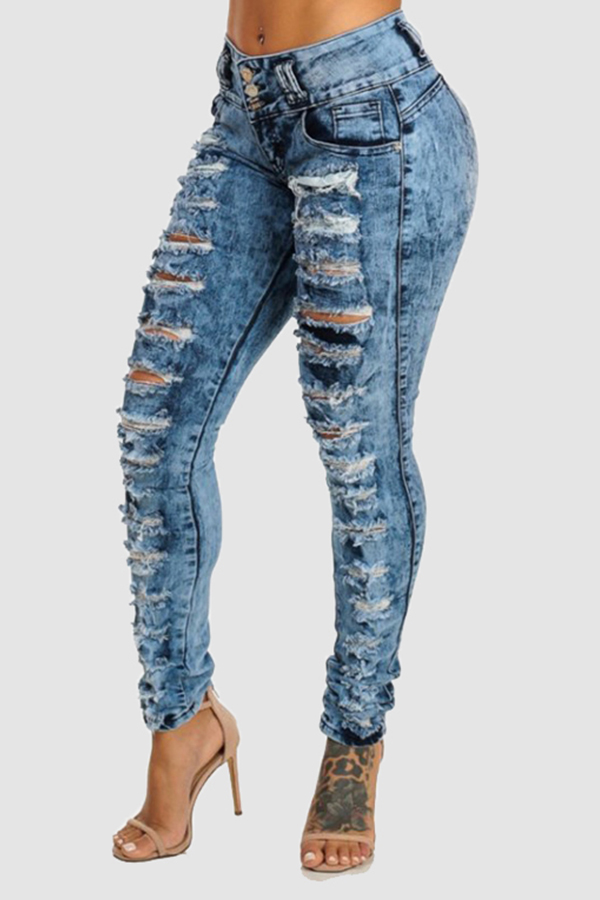 Lovely Casual Hollow-out Royal Blue Jeans