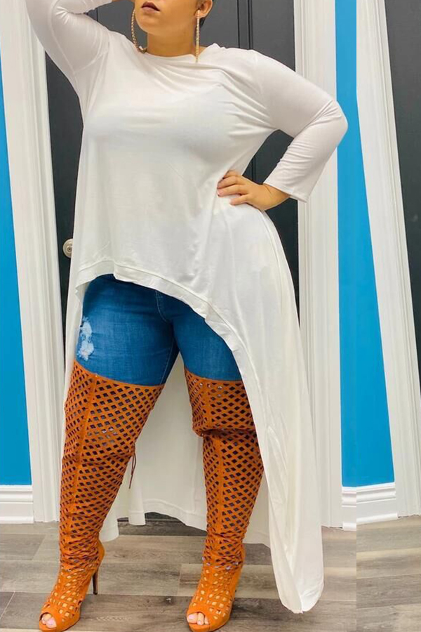 

Lovely Casual Asymmetrical White Plus Size Mini Dress