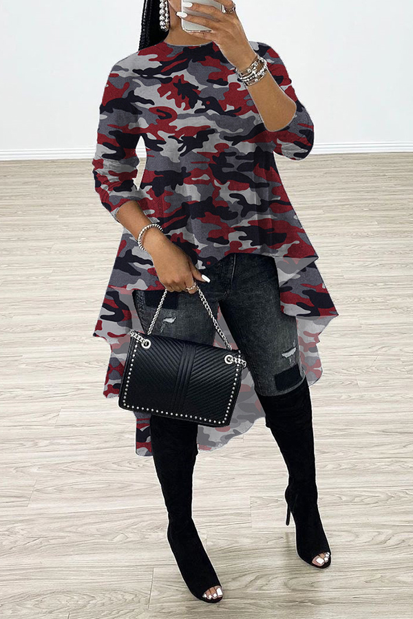 

Lovely Casual Asymmetrical Camo Red Blouse, Red camouflage