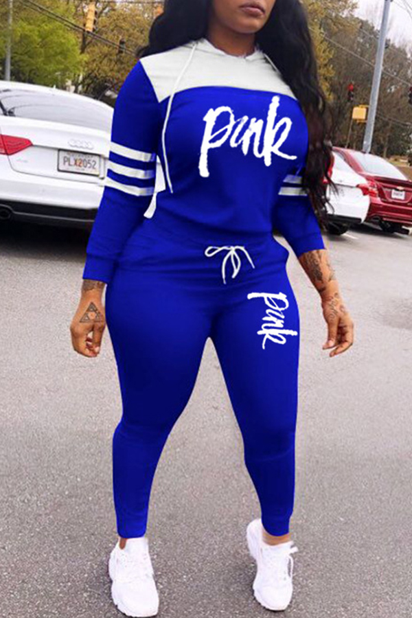 Lovely Casual Hooded Collar Letter Blue Two-piece Pants Set