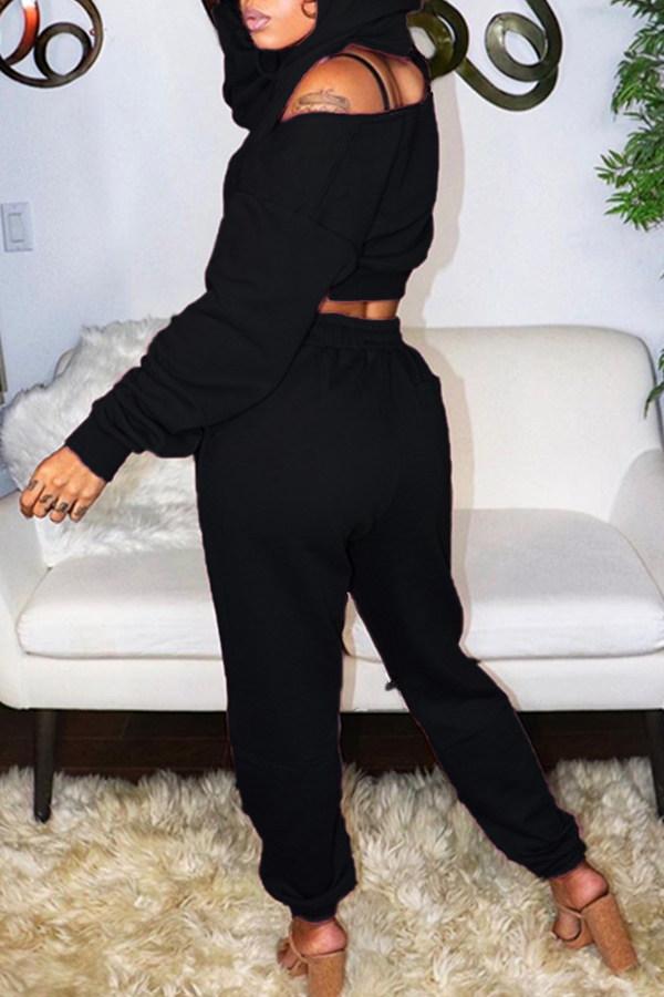 

Lovely Leisure Cold Shoulder Basic Black Two-piece Pants Set