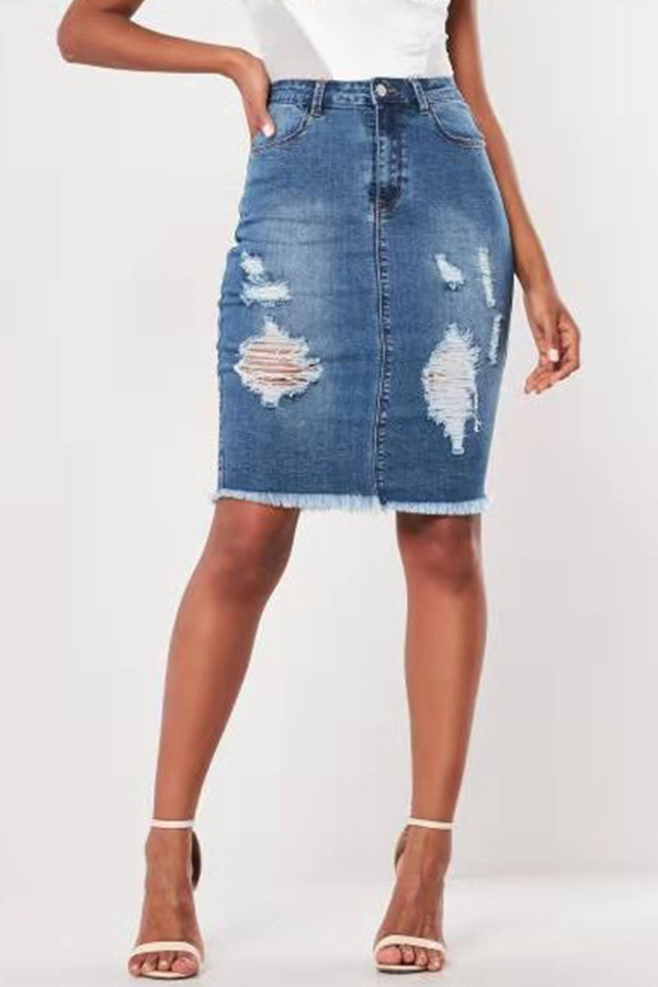 

Lovely Chic Broken Holes Blue Skirt