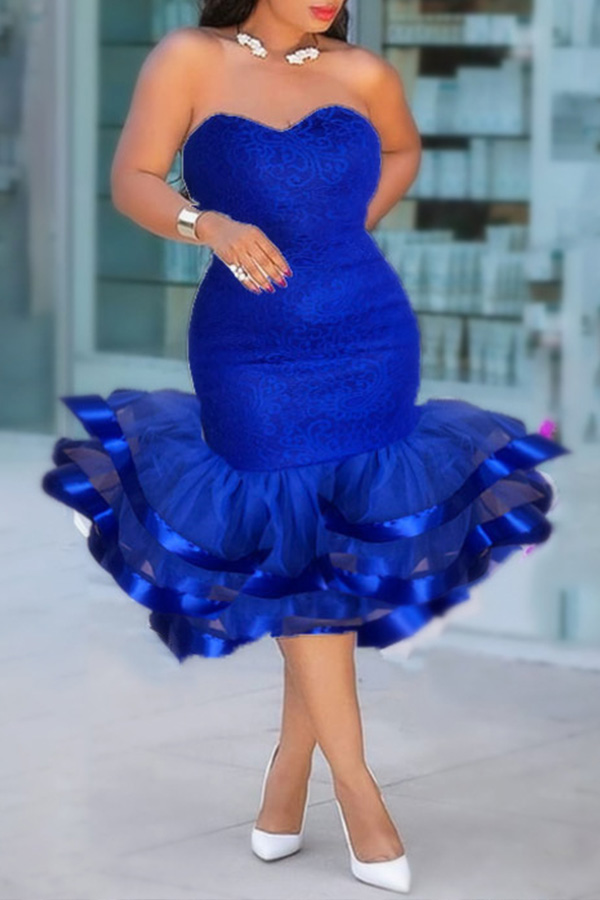 

Lovely Party Flounce Blue Mid Calf Evening Dress