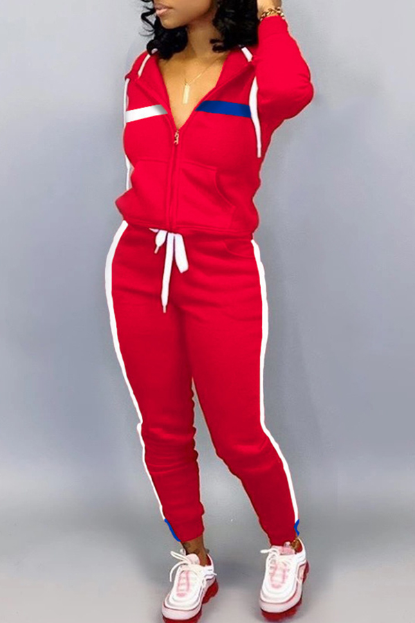 

Lovely Casual Patchwork Red Two-piece Pants Set