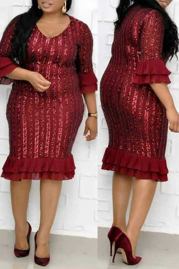

Lovely Trendy Print Flounce Wine Red Knee Length Plus Size Dress