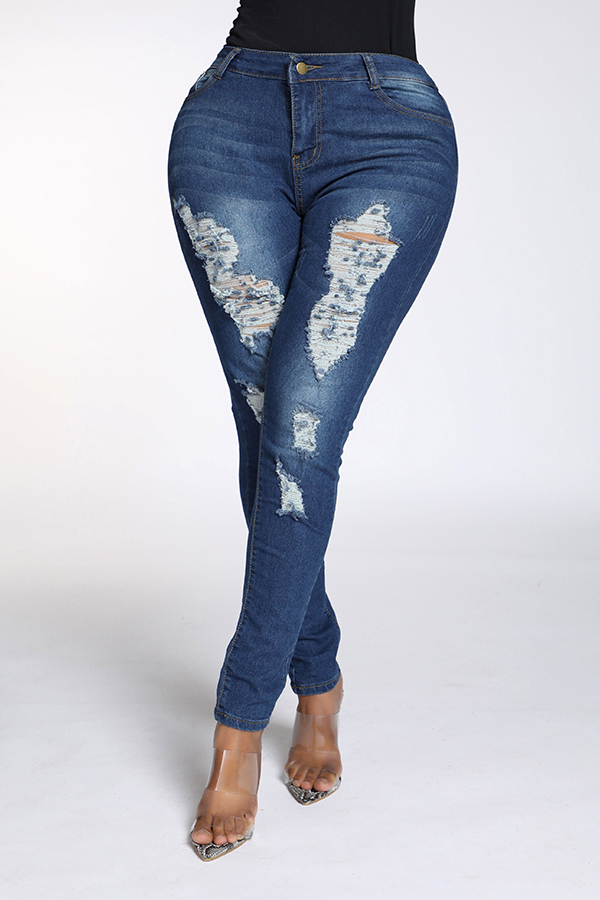 

Lovely Casual Broken Holes Deep Blue Jeans