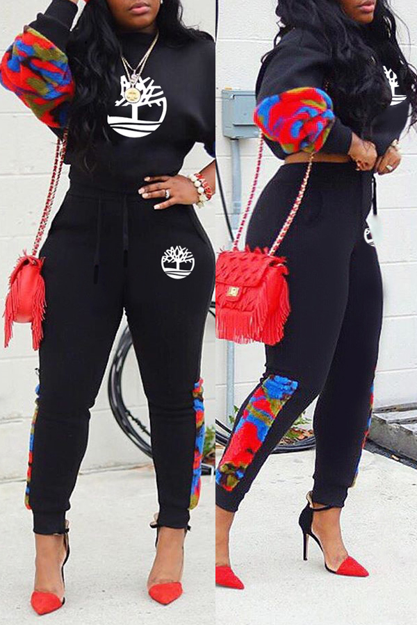 

Lovely Casual O Neck Print Black Two-piece Pants Set