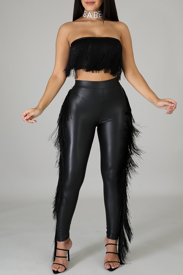 

Lovely Sexy Tassel Design Black Two-piece Pants Set