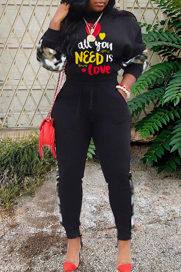 

Lovely Casual Letter Print Black Two-piece Pants Set