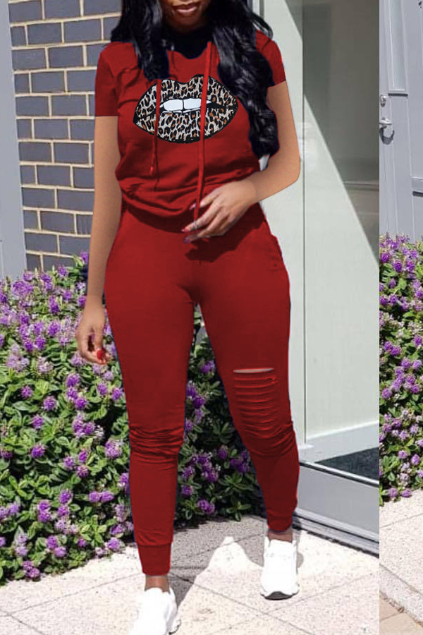 

Lovely Casual Hooded Collar Print Red Two-piece Pants Set