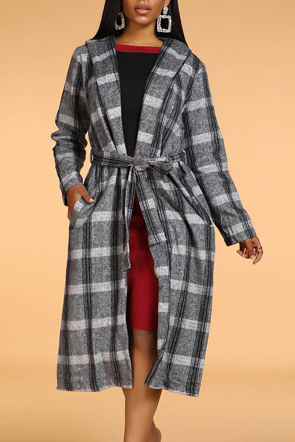 

Lovely Casual Plaid Print Grey Coat