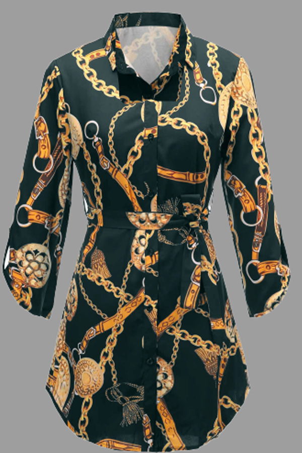 

Lovely Casual Turndown Collar Print Green Plus Size Mini Dress