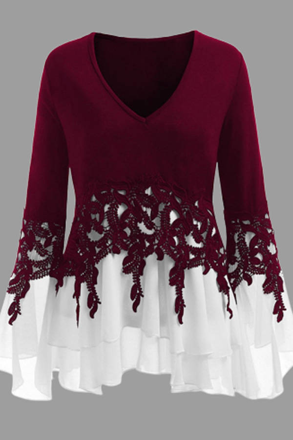 

Lovely Casual Patchwork Wine Red Plus Size Blouse