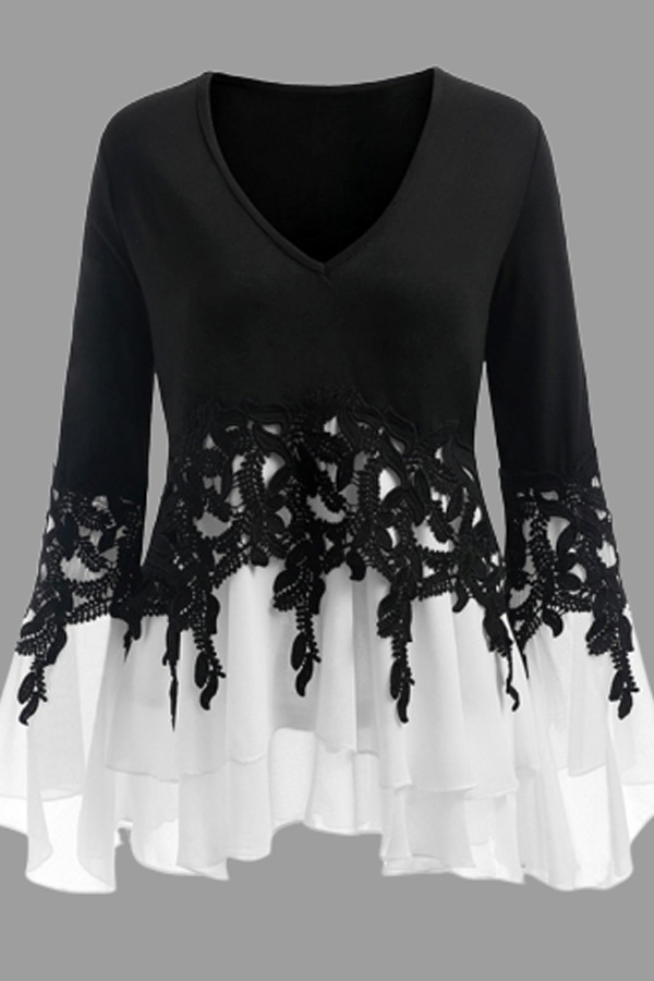 

Lovely Casual Patchwork Black Plus Size Blouse