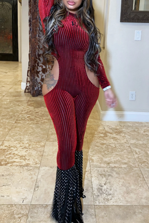 

Lovely Sexy Hollow-out Wine Red One-piece Jumpsuit