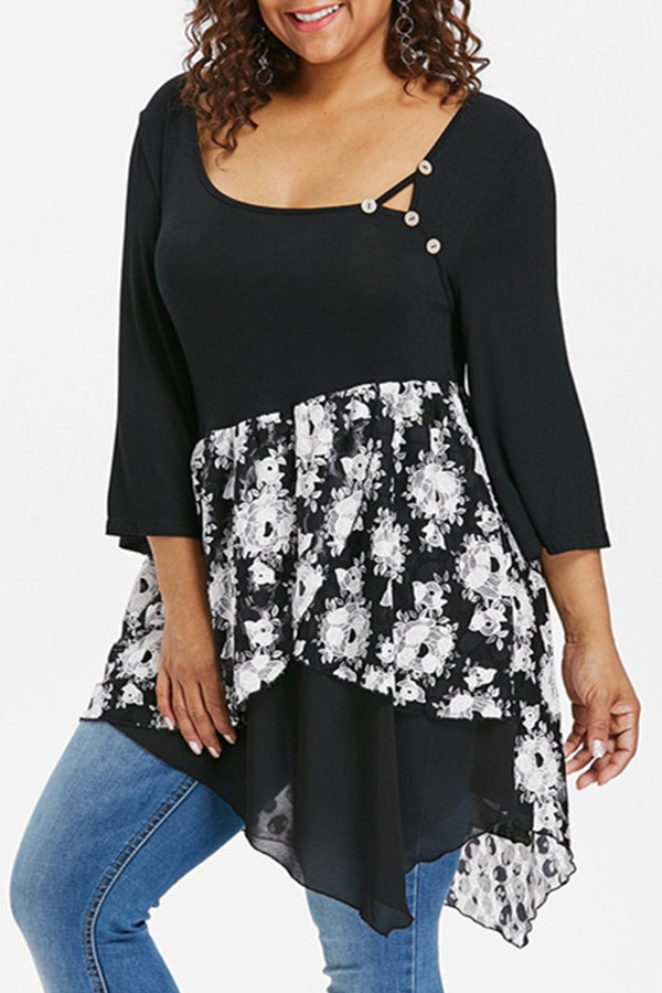 

Lovely Casual Patchwork Black Plus Size T-shirt