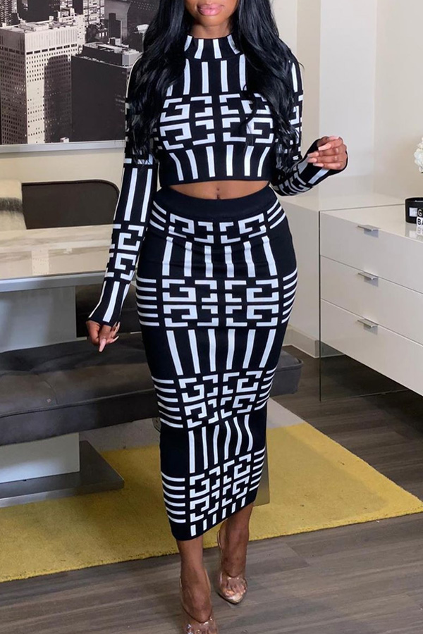 

Lovely Casual Mandarin Collar Print Multicolor Two-piece Skirt Set, Multi