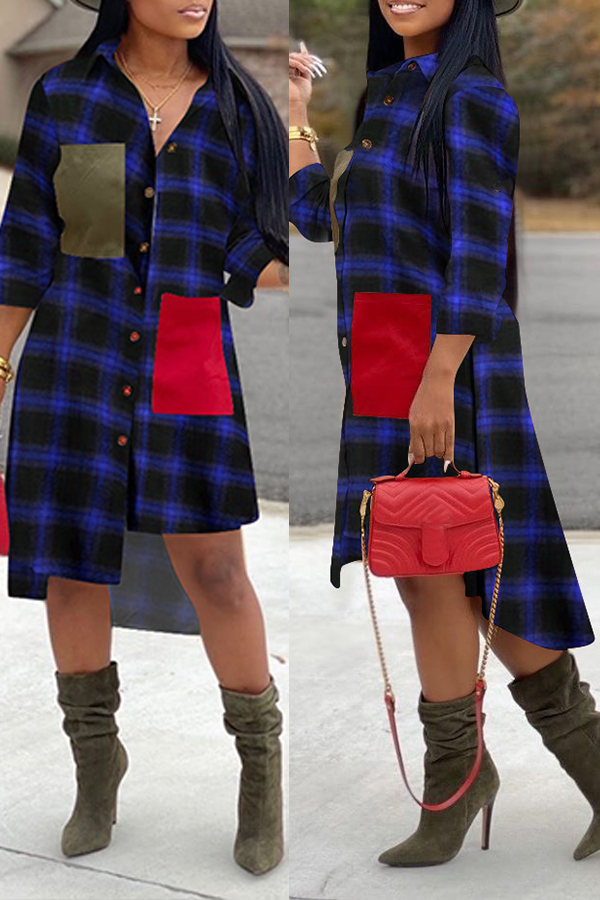 

Lovely Chic Turndown Collar Plaid Blue Mid Calf Dress
