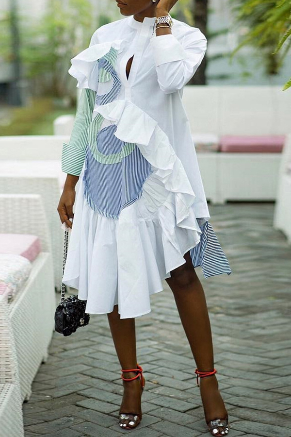 Lovely Sweet Patchwork Flounce White Knee Length Dress