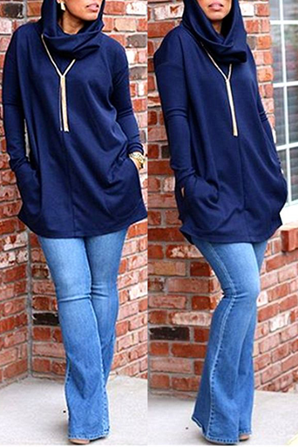 

Lovely Casual Hooded Collar Dark Blue Blouse